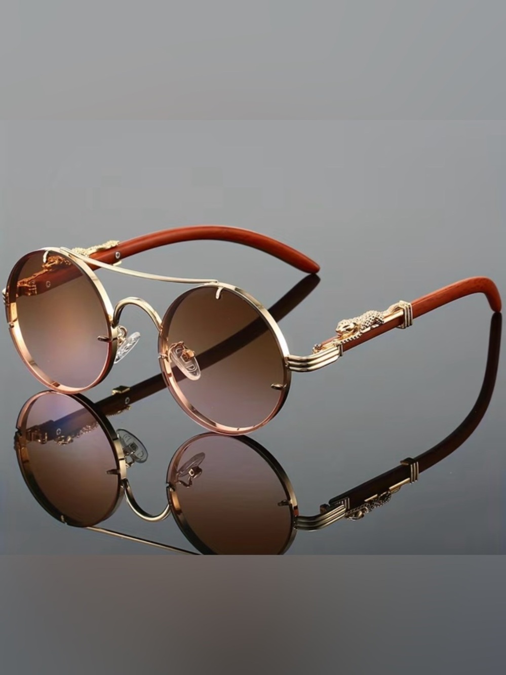 Men's Brown Gradient Round Sunglasses with Gold Accents